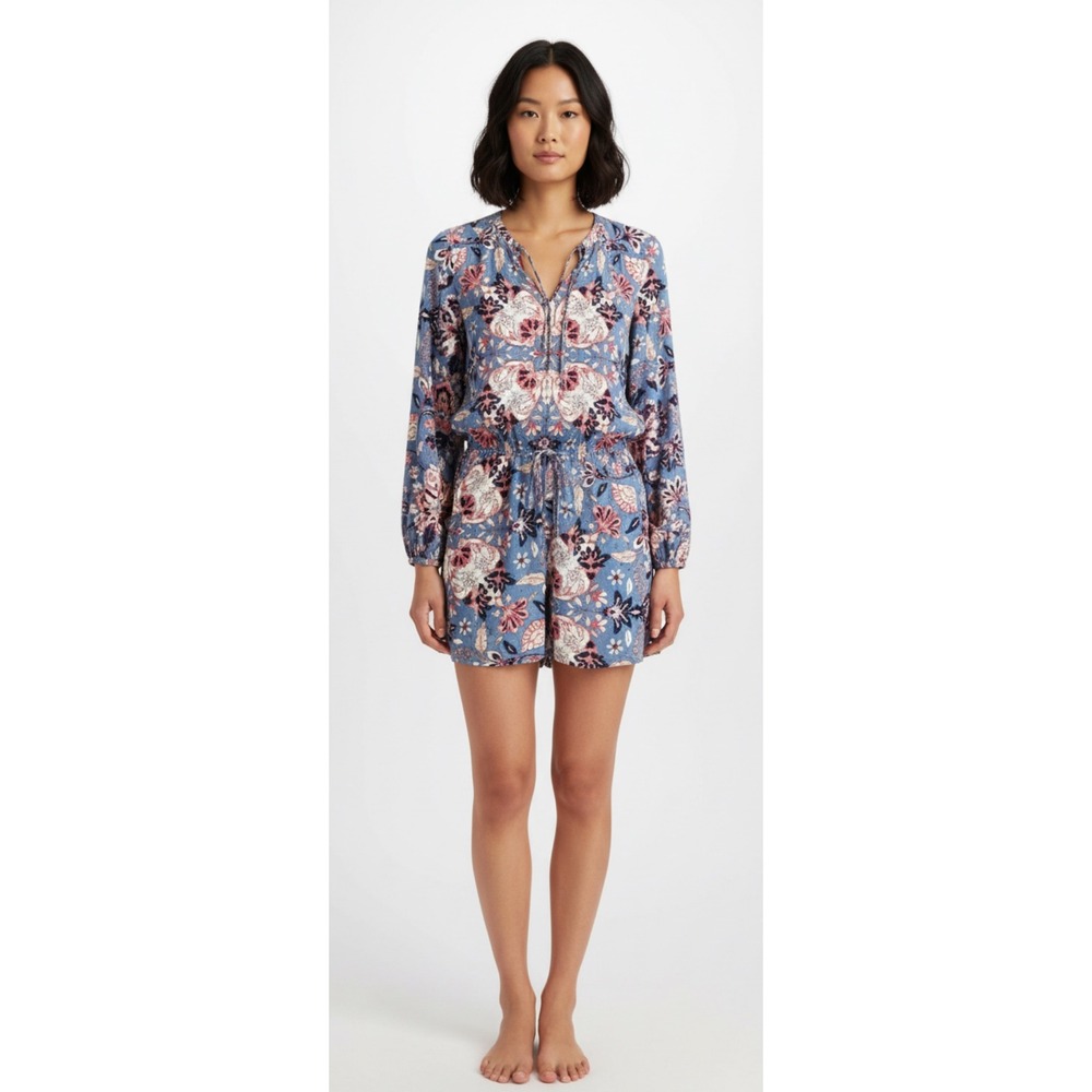 Old Navy Floral Print Romper Button Front Drawstring Waist Pockets Blue‎ Pink M